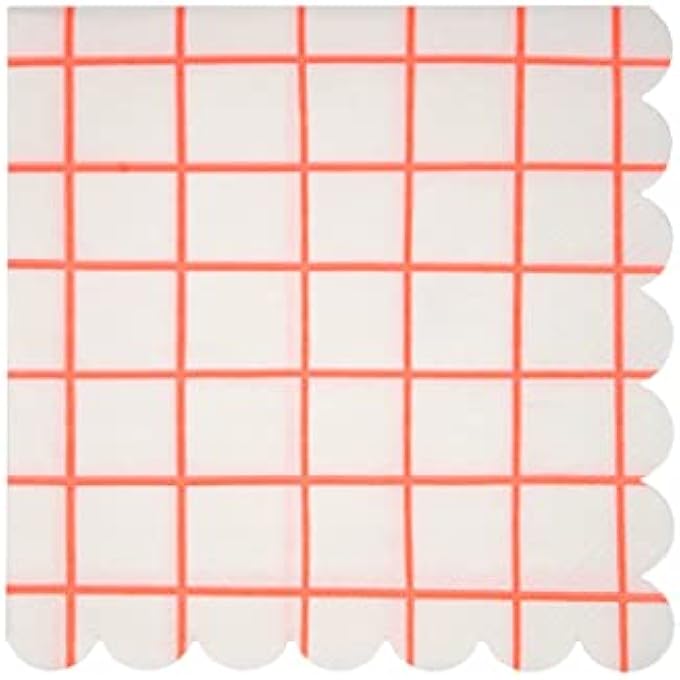 NEON CORAL GRID LARGE NAPKINSCORAL PINK PARTY PAPER NAPKINS WITH SCALLOP EDGE, BIRTHDAY & DINNER CELEBRATION TABLE DCOR, PACK OF 20 - Image 1